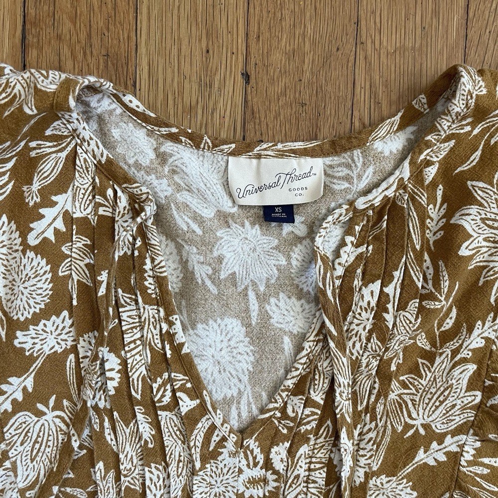 Universal Thread XS Brown Floral Puff Sleeve Mini Dress Peasant 100% Cotton - Picture 2 of 10